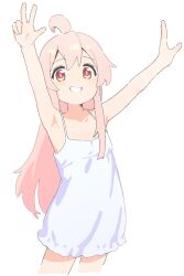 Rule 34 | 1girl, ahoge, arms up, cropped legs, dress, flat chest, grin, highres, jiryu50610218, long hair, looking at viewer, onii-chan wa oshimai!, outstretched arms, oyama mahiro, pink hair, red eyes, simple background, smile, solo, spaghetti strap, w, white background, white dress