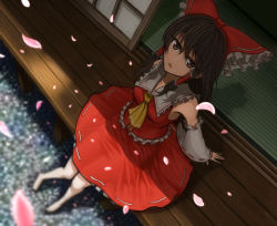 Rule 34 | 1girl, barefoot, blurry, bow, breasts, brown eyes, brown hair, cherry blossoms, collar, depth of field, detached sleeves, artistic error, expressionless, frilled bow, frilled collar, frilled shirt, frilled shirt collar, frills, from above, hair bow, hair tubes, hakurei reimu, highres, large bow, lazy eye, legs, long hair, long skirt, looking up, medium breasts, midriff, navel, outdoors, parted lips, pebble, petals, porch, rapuka, red skirt, ribbon-trimmed skirt, ribbon-trimmed sleeves, ribbon trim, shadow, shirt, sitting, skirt, sleeveless, solo, sunlight, tatami, thighs, touhou