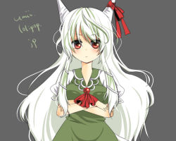 Rule 34 | 1girl, artist name, breast hold, breasts, crossed arms, dress, ex-keine, eyes visible through hair, female focus, green dress, grey background, horn ornament, horn ribbon, horns, kamishirasawa keine, long hair, puffy short sleeves, puffy sleeves, red eyes, red ribbon, ribbon, short sleeves, simple background, solo, touhou, umi (umi02), very long hair, wavy hair, white hair, white sleeves