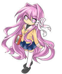 Rule 34 | 00s, 1girl, book, chibi, clannad, female focus, fujibayashi kyou, full body, ion (artist), long hair, looking at viewer, purple eyes, purple hair, school uniform, simple background, solo, standing, thighhighs, white background