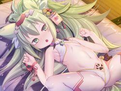 Rule 34 | 1girl, absurdres, animal ear fluff, animal ears, armpits, azur lane, bare arms, bed sheet, bell, blush, cat ears, flat chest, green eyes, green hair, hair bell, hair ornament, highres, huge filesize, isokaze (azur lane), isokaze (new year&#039;s campaign) (azur lane), jewelry, long hair, lying, magatama, magatama necklace, nanaken nana, necklace, on back, open mouth, ponytail, solo, spread legs, tatami, thick eyebrows, thighhighs