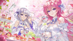 Rule 34 | 2girls, absurdres, bare shoulders, bow, bowtie, breasts, cake, cake slice, cherry blossoms, cleavage, clothing cutout, commentary, creature, cup, day, detached sleeves, dorothy (nikke), dress, emilia (re:zero), falling petals, floating hair, flower, flower-shaped hair, food, frilled dress, frills, gem, goddess of victory: nikke, green gemstone, hair between eyes, hair bun, hair flower, hair intakes, hair ornament, hair ribbon, hand up, heartki, highres, holding, holding cup, holding tray, large breasts, long hair, long sleeves, looking at viewer, multiple girls, outdoors, parted lips, petals, pink hair, pointy ears, puck (re:zero), purple bow, purple bowtie, purple eyes, purple ribbon, re:zero kara hajimeru isekai seikatsu, ribbon, rose, shoulder cutout, sidelocks, single side bun, sitting, sleeveless, sleeveless dress, smile, strawberry shortcake, table, teacup, tray, tree, white dress, white flower, white hair, white rose, white sleeves, x hair ornament