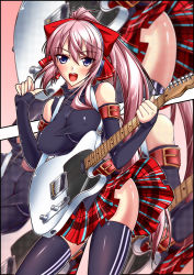 Rule 34 | 1girl, :d, alternate costume, alternate hairstyle, bad id, bad pixiv id, bare shoulders, black thighhighs, blush, bow, breasts, covered erect nipples, electric guitar, female focus, fender telecaster, guitar, hair between eyes, hair bow, impossible clothes, impossible shirt, instrument, large breasts, long hair, looking at viewer, megurine luka, open mouth, pink hair, plaid, plaid skirt, pleated skirt, ponytail, red skirt, round teeth, shirokuma a, shirt, skirt, sleeveless, sleeveless turtleneck, smile, solo, standing, teeth, thighhighs, turtleneck, upskirt, very long hair, vocaloid, zettai ryouiki, zoom layer