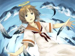 Rule 34 | 00s, 1girl, angel wings, bad id, bad pixiv id, brown hair, cloud, dress, falling, feathers, haibane renmei, halo, messy hair, mudai (tofusensha), open mouth, outstretched arms, outstretched hand, rakka (haibane), sailor collar, school uniform, short hair, sky, spread fingers, wings