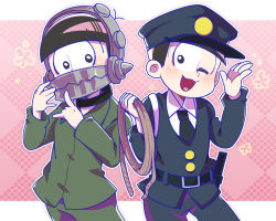 Rule 34 | 10s, 2boys, :3, ;3, bear trap, black hair, cowboy shot, dual persona, hat, heart, heart in mouth, male focus, matsuno todomatsu, multiple boys, one eye closed, osomatsu-kun, osomatsu-san, osomatsu (series), peaked cap, pink background, police, police uniform, rope, simple background, smile, uniform, yuisan