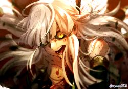 Rule 34 | 1boy, black sclera, blood, blood from mouth, colored sclera, commentary request, detached sleeves, fate/grand order, fate (series), impaled, long hair, male focus, penthesilea (fate), polearm, solo, soraao0322, spear, topless male, twitter username, weapon, white hair, yellow eyes