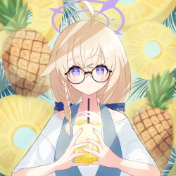 Rule 34 | 1girl, ahoge, alternate costume, black-framed eyewear, blonde hair, blue archive, braid, cup, disposable cup, food, fruit, glasses, hair ornament, hair scrunchie, hairclip, halo, highres, holding, holding cup, kotama (blue archive), long hair, looking at viewer, low twintails, makolas97, parted lips, pineapple, pineapple slice, purple eyes, scrunchie, short sleeves, side braid, solo, twintails, upper body