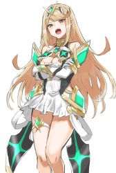 Rule 34 | 1girl, absurdres, bad id, bad twitter id, bare legs, bare shoulders, blonde hair, blush, breasts, chest jewel, cleavage, cleavage cutout, clothing cutout, crossed arms, dress, earrings, elbow gloves, feet out of frame, gloves, highres, jewelry, large breasts, long hair, mawile rin, mythra (xenoblade), nintendo, open mouth, short dress, simple background, solo, swept bangs, thigh strap, tiara, very long hair, white background, white dress, white gloves, xenoblade chronicles (series), xenoblade chronicles 2, yellow eyes