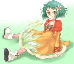 Rule 34 | 00s, 1girl, bad id, bad pixiv id, brown eyes, character name, choker, cropped jacket, dress, farah oersted, flower, full body, green background, green hair, hair flower, hair ornament, mehi, messy hair, orange dress, pantyhose, pink pantyhose, shoes, short hair, sitting, smile, solo, tales of (series), tales of eternia