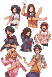 Rule 34 | 6+girls, ?, black hair, blonde hair, blue eyes, blush, breast poke, breasts, brown eyes, brown hair, cardigan, closed eyes, disembodied hand, fang, fingernails, fumitan (humitan), glasses, grabbing, grabbing another&#039;s breast, groping, large breasts, long hair, multiple girls, navel, necktie, open mouth, original, poking, school uniform, short hair, simple background, skirt, surprised arms, sweater, two side up, white background, wince