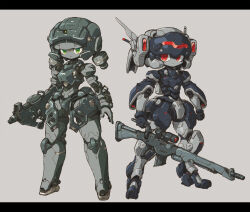 Rule 34 | 2girls, full body, green eyes, grey background, gun, highres, holding, holding gun, holding weapon, humanoid robot, kuruton486, letterboxed, looking at viewer, multiple girls, open hand, original, red eyes, rifle, robot, science fiction, simple background, sniper rifle, weapon