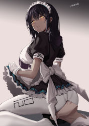 Rule 34 | 1boy, 1girl, apron, ass, black hair, blue archive, blush, breasts, clothes lift, dark-skinned female, dark skin, gloves, hetero, highres, karin (blue archive), large breasts, lifting own clothes, long hair, maid, maid apron, maid headdress, no shoes, panties, panties under pantyhose, pantyhose, rororo, scowl, signature, simple background, sitting, sitting on face, sitting on person, skirt, skirt lift, smile, underwear, white pantyhose, yellow eyes