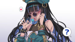 Rule 34 | 1girl, black hair, blue-tinted eyewear, candy, colored inner hair, commentary request, commission, eyeliner, fate/grand order, fate (series), food, green hat, green jacket, hat, heart, highres, jacket, lollipop, looking at viewer, looking over eyewear, makeup, multicolored hair, round eyewear, saliva, senrireiri, sexually suggestive, skeb commission, solo, sunglasses, tenochtitlan (fate), tenochtitlan (second ascension) (fate), tinted eyewear, tongue, tongue out, white background