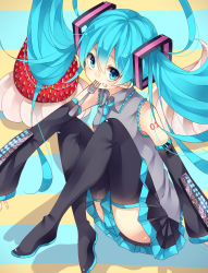 Rule 34 | 1girl, aqua eyes, aqua hair, boots, detached sleeves, food, food on face, fork, fruit, hatsune miku, long hair, looking at viewer, mouth hold, necktie, nuira, skirt, solo, strawberry, thigh boots, thighhighs, twintails, very long hair, vocaloid