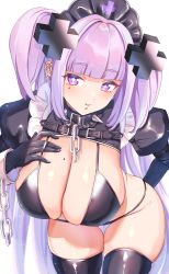 Rule 34 | + +, 1girl, bent over, bikini, bishooji, black bikini, black gloves, breasts, chain, chin piercing, cleavage, collar, commentary request, cross hair ornament, cuffs, ear piercing, elbow gloves, gloves, hair ornament, hat, highres, juliet sleeves, large breasts, light purple hair, long hair, long sleeves, mole, mole on breast, mole under eye, nurse cap, original, piercing, puffy sleeves, shackles, skindentation, solo, spiked collar, spikes, swimsuit, symbol-shaped pupils, thigh gap, thighhighs, very long hair, white background