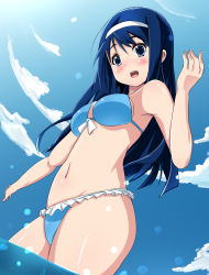 Rule 34 | 1girl, bare shoulders, bikini, blue bikini, blue eyes, blue hair, blue sky, blush, breasts, cloud, day, female focus, from below, futaba aoi (vividred operation), groin, hairband, highres, hip focus, long hair, looking at viewer, looking down, matching hair/eyes, medium breasts, navel, open mouth, outdoors, shiny skin, shiratori serano, sky, smile, solo, standing, swimsuit, vividred operation, wading, water