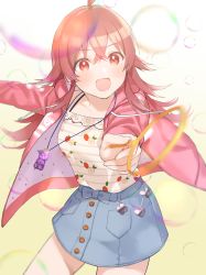 Rule 34 | 1girl, ahoge, blush, breasts, bubble, buttons, denim, denim skirt, floral print, food print, gradient background, hair between eyes, highres, idolmaster, idolmaster shiny colors, jacket, komiya kaho, long hair, long sleeves, looking at viewer, nekoshoko, open clothes, open jacket, open mouth, pink jacket, red eyes, red hair, sidelocks, skirt, small breasts, smile, solo, strawberry print, thighs
