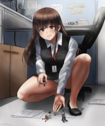 Rule 34 | 1boy, 3girls, absurdres, blush, brown hair, giant, giantess, highres, kuroihassan, long hair, looking at another, mini person, miniboy, minigirl, multiple girls, office lady, panties, purple eyes, smile, thighs, underwear