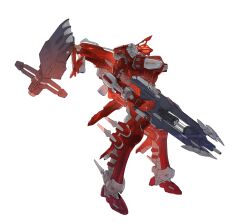 Rule 34 | armored core, armored core 6, full body, gun, hal 826, handler walter, highres, holding, holding gun, holding weapon, mecha, mecha focus, missile pod, no humans, rifle, riio, robot, simple background, standing, thrusters, weapon, white background