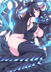Rule 34 | 1girl, black dress, black hair, blue eyes, blunt bangs, breasts, chinese clothes, cleavage, commentary request, detached sleeves, dress, fate/grand order, fate (series), hair ornament, highres, large breasts, long hair, looking at viewer, lying, nakamura regura, on side, parted lips, seductive smile, smile, solo, thighhighs, thighs, underboob, very long hair, yang guifei (fate), yang guifei (third ascension) (fate)