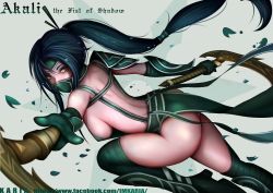 Rule 34 | 1girl, akali, akali (legacy), arm wrap, armor, ass, back, bandages, bare shoulders, boots, breasts, character name, china dress, chinese clothes, covered erect nipples, covered mouth, cowboy shot, dress, dual wielding, elbow gloves, forehead protector, gloves, greaves, green dress, green gloves, green hair, green thighhighs, hair between eyes, hair ornament, hair stick, hair tie, high heel boots, high heels, holding, holding weapon, index finger raised, kama (weapon), karia, knee up, league of legends, leg up, leg wrap, loincloth, long hair, looking at viewer, mask, medium breasts, mole, mole under eye, mouth mask, ninja, no bra, no panties, outstretched arms, pauldrons, pelvic curtain, petals, pointing, pointing at viewer, polearm, ponytail, revealing clothes, scythe, shoulder armor, shoulder blades, sickle, sideboob, solo, thighhighs, very long hair, watermark, weapon, web address, yellow eyes