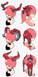 Rule 34 | absurdres, bow, bowtie, braid, closed eyes, closed mouth, from behind, hair ribbon, highres, horns, iwako (eiken3kyuboy), mechanical, multiple girls, original, pink hair, ponytail, ribbon, simple background, sketch, twin braids, white background