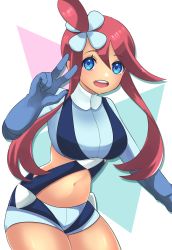 Rule 34 | 1girl, absurdres, blue eyes, blue gloves, blue jacket, blue shorts, commentary request, cowboy shot, creatures (company), cropped jacket, game freak, gloves, hair ornament, hand up, highres, jacket, navel, nintendo, one side up, open mouth, pokemon, pokemon bw, red hair, short hair with long locks, short shorts, shorts, sidelocks, skyla (pokemon), smile, solo, teeth, tongue, upper teeth only, w, yuuki510510