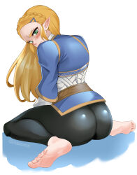 Rule 34 | 1girl, absurdres, ass, barefoot, blonde hair, blush, ceroccb, feet, green eyes, highres, long hair, looking at viewer, nintendo, pointy ears, princess zelda, soles, the legend of zelda, the legend of zelda: breath of the wild, toes