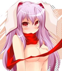 Rule 34 | 1girl, animal ears, bad id, bad pixiv id, blush, breasts, rabbit ears, censored, convenient censoring, female focus, jimo, long hair, no nose, purple hair, red scarf, reisen udongein inaba, scarf, solo, topless, touhou