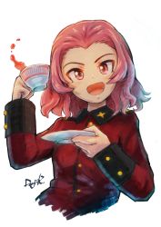 Rule 34 | 1girl, artist name, commentary, cropped torso, cup, girls und panzer, highres, holding, holding cup, holding saucer, jacket, kuroneko douji, long sleeves, looking at viewer, military, military uniform, open mouth, red eyes, red hair, red jacket, rosehip (girls und panzer), saucer, signature, simple background, smile, solo, spilling, st. gloriana&#039;s military uniform, tea, teacup, uniform, upper body, white background