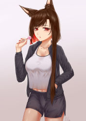 Rule 34 | 1girl, absurdres, akagi (azur lane), alternate costume, alternate hairstyle, animal ears, azur lane, black hair, breasts, candy, casual, chinese commentary, collarbone, commentary request, contemporary, eyes visible through hair, eyeshadow, food, fox ears, gradient background, grey background, hand in pocket, highres, holding, holding candy, holding food, holding lollipop, ichikushi mojibake, jersey, large breasts, lollipop, looking at viewer, makeup, multicolored hair, parted lips, red eyes, short hair, short hair with long locks, shorts, sidelocks, signature, simple background, solo, sweat, two-tone hair