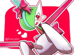Rule 34 | 1boy, arms behind back, artist name, back bow, blue hair, blush, border, bound, bound legs, bow, colored skin, creatures (company), dutch angle, embarrassed, gallade, game freak, gen 4 pokemon, green hair, green skin, hair bow, hair over one eye, half-closed eyes, heart, highres, knees up, leaning back, looking at viewer, male focus, mohawk, multicolored hair, multicolored skin, nintendo, one eye covered, open mouth, outline, outside border, pokemon, pokemon (creature), red background, red bow, red eyes, red outline, red ribbon, ribbon, ribbon bondage, short hair, simple background, sitting, solo, split mouth, spread legs, twitter username, two-tone hair, two-tone skin, watermark, white border, white outline, white skin, yuri (fl0werspace)