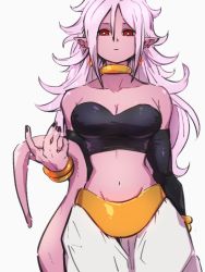 Rule 34 | 1girl, android 21, bare shoulders, black sclera, breasts, choker, cleavage, closed mouth, collarbone, colored sclera, colored skin, detached sleeves, dragon ball, dragon ball fighterz, grey background, hair between eyes, holding, holding with tail, kemachiku, long hair, looking at viewer, majin android 21, medium breasts, midriff, navel, pink hair, pink skin, pointy ears, prehensile tail, red eyes, simple background, solo, tail, yellow choker