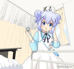 Rule 34 | 1girl, armband, bed, black ribbon, blue dress, blue eyes, blue hair, blush, chestnut mouth, collared dress, commentary request, curtains, double bun, dress, gochuumon wa usagi desu ka?, hair between eyes, hair bun, hat, holding, hospital bed, indoors, kafuu chino, long sleeves, looking at viewer, mitya, neck ribbon, nurse, nurse cap, open mouth, ribbon, short hair, sidelocks, solo, stethoscope, striped clothes, striped dress, twitter username, two side up, vertical-striped clothes, vertical-striped dress, window