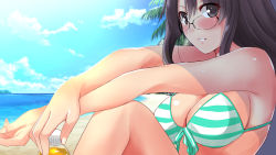 Rule 34 | 1girl, :d, aqua bikini, bare shoulders, beach, bikini, black eyes, black hair, blue sky, blush, bottle, breasts, cleavage, cloud, day, glasses, highres, large breasts, looking at viewer, miracle hoshi, morikawa mio, open mouth, original, outdoors, palm tree, parted lips, sitting, sky, smile, solo, striped bikini, striped clothes, swimsuit, tree, water