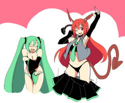 Rule 34 | 2girls, armpits, bare shoulders, blush, breasts, chu (chu chu3), cleavage, closed eyes, cosplay, covering breasts, covering privates, crossover, demon girl, detached sleeves, elbow gloves, gloves, green hair, hatsune miku, headphones, long hair, lord of vermilion, multiple girls, necktie, no bra, one eye closed, open mouth, panties, pointy ears, red eyes, red hair, skirt, smile, striped clothes, striped panties, succubus (lord of vermilion), sweatdrop, tail, twintails, underwear, very long hair, vocaloid, wardrobe malfunction, wink