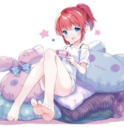 Rule 34 | 1girl, amimi, ass, barefoot, blue eyes, breasts, character request, collarbone, commentary request, commission, controller, convenient leg, copyright request, eyelashes, feet, foreshortening, full body, game controller, hands up, head tilt, highres, holding, knees together feet apart, legs, looking at viewer, medium hair, no pants, off-shoulder shirt, off shoulder, pillow, ponytail, red hair, shiny skin, shirt, short sleeves, sidelocks, sitting, skeb commission, small breasts, soles, solo, spaghetti strap, star (symbol), thighs, toenails, toes, virtual youtuber, white background