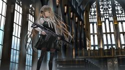 Rule 34 | 1girl, ar-15, black bow, black dress, bow, brown eyes, brown hair, brown pantyhose, closed mouth, day, dress, gun, hair between eyes, hair bow, highres, holding, holding gun, holding weapon, indoors, long hair, long sleeves, looking at viewer, original, pantyhose, pleated dress, revision, rifle, shirt, short dress, sleeveless, sleeveless dress, solo, standing, swav, trigger discipline, v-shaped eyebrows, very long hair, weapon, white shirt, window