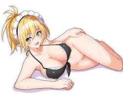 Rule 34 | 1girl, bare shoulders, blonde hair, bottomless, breasts, cleavage, elf, etan14, green eyes, groin, high ponytail, hip focus, large breasts, long hair, lying, maid cap, navel, on side, open mouth, original, pointy ears, ponytail, shadow, simple background, smile, solo, thighs, third-party edit, white background