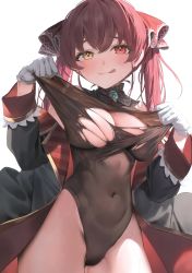 Rule 34 | 1girl, absurdres, breasts, cleavage, female focus, heterochromia, highres, hololive, houshou marine, large breasts, medium breasts, navel, parsley-f, red hair, simple background, solo, solo focus, sweat, tongue, tongue out, torn clothes, twintails, virtual youtuber, white background
