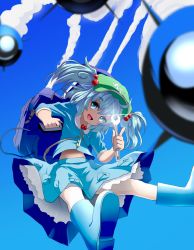 Rule 34 | 1girl, backpack, bag, blue eyes, blue hair, boots, female focus, hair bobbles, hair ornament, hat, hopeless masquerade, ishikkoro, kawashiro nitori, key, looking at viewer, matching hair/eyes, midriff, open mouth, rocket, rubber boots, shirt, skirt, sleeves rolled up, smile, solo, touhou, twintails, two side up, wrench