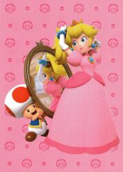 Rule 34 | 1boy, 1girl, 3d, artist request, blonde hair, blue eyes, breasts, dress, earrings, full body, gloves, highres, jewelry, linterteatime, long hair, mario (series), mirror, nintendo, official art, pink dress, ponytail, princess peach, smile, sphere earrings, third-party edit, toad (mario), white gloves