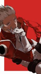 Rule 34 | 1boy, closed mouth, eva 7474, gloves, grey eyes, hand up, jacket, long sleeves, looking at viewer, male focus, millions knives, mole, mole under eye, pants, red background, red jacket, short hair, smile, solo, trigun, trigun stampede, white gloves, white hair, white pants