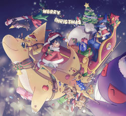Rule 34 | 1boy, absurdres, antlers, ash ketchum, bell, black hair, box, candy, candy cane, christmas tree, collar, creatures (company), dragonite, flying, food, galarian farfetch&#039;d, game freak, gen 1 pokemon, gen 4 pokemon, gengar, gift, gift box, gingerbread man, gloves, hand on headwear, hat, highres, holding, holding gift, horns, long sleeves, looking to the side, lucario, merry christmas, neck bell, night, night sky, nintendo, pikachu, pokemon, pokemon (anime), pokemon (creature), pokemon journeys, red gloves, reindeer antlers, sack, santa costume, santa hat, short hair, sky, sleigh, smile, snack