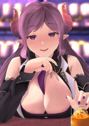 Rule 34 | 1girl, alcohol, between breasts, black shirt, black sleeves, blurry, blurry background, blush, breasts, brown horns, cleavage, cleavage cutout, clothing cutout, commentary request, cup, dc24v, demon girl, demon horns, detached sleeves, fingernails, highres, horns, ice, large breasts, leaning forward, long hair, looking at viewer, medium bangs, mole, mole under mouth, nanashi inc., necktie, necktie between breasts, open mouth, pointy ears, purple eyes, purple hair, purple nails, purple necktie, saionji mary, shirt, sleeveless, sleeveless shirt, smile, solo, upper body, virtual youtuber, whiskey