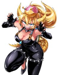 Rule 34 | 1girl, armlet, bare shoulders, black gloves, black nails, black overalls, blonde hair, blue eyes, blush, bowsette, bracelet, breasts, cleavage, collar, commentary request, crown, elbow gloves, fingerless gloves, fingernails, foot out of frame, gloves, hair between eyes, horns, jewelry, large breasts, long hair, looking at viewer, mario (series), medium bangs, new super mario bros. u deluxe, nintendo, open mouth, overalls, pointy ears, shimizu pem, simple background, smile, solo, spiked armlet, spiked bracelet, spiked collar, spiked shell, spiked tail, spikes, super crown, tail, turtle shell, v-shaped eyebrows, white background, yellow horns