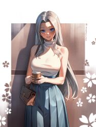 Rule 34 | 1girl, absurdres, alternate costume, azur lane, bag, bare shoulders, breasts, casual, commission, cowboy shot, cup, highres, holding, holding cup, jewelry, large breasts, long hair, parted bangs, parted hair, pleated skirt, purple eyes, ring, seventeencrows, shoulder bag, skirt, sleeveless, sleeveless turtleneck, smile, solo, turtleneck, white hair, yorktown (azur lane)