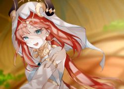 Rule 34 | 1girl, aqua eyes, bare shoulders, forehead jewel, genshin impact, harem outfit, highres, long hair, long sleeves, looking at viewer, low twintails, nilou (genshin impact), open mouth, red hair, smile, solo, twintails, veil, yozi 8