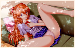 Rule 34 | 1girl, bare legs, barefoot, blue eyes, camera phone, cellphone, clothes lift, couch, dappled sunlight, hair bobbles, hair ornament, kurotengu, leg up, legs, light brown hair, long hair, looking at viewer, lying, neon genesis evangelion, on back, on couch, open mouth, panties, phone, pillow, purple panties, rebuild of evangelion, shirt, short sleeves, skirt, skirt lift, solo, souryuu asuka langley, spread legs, sunlight, two side up, underwear, very long hair