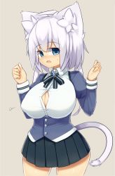 Rule 34 | 1girl, ahoge, animal ears, blush, breasts, brooch, bursting breasts, cat ears, cat tail, collared shirt, d:, covered erect nipples, felt whitesnow, formal, highres, huge breasts, jewelry, jitome, looking at viewer, open mouth, original, pleated skirt, popped button, puffy nipples, sawati, shirt, short hair with long locks, simple background, skirt, solo, sweatdrop, tail, thick thighs, thighs, vest, white hair